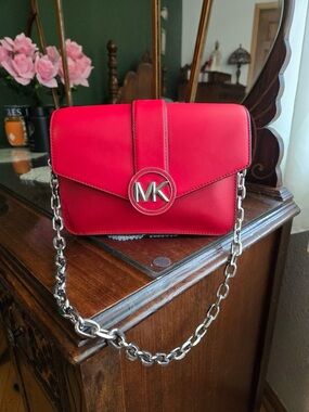 Michael Kors Red Leather Crossbody with Silver Chain